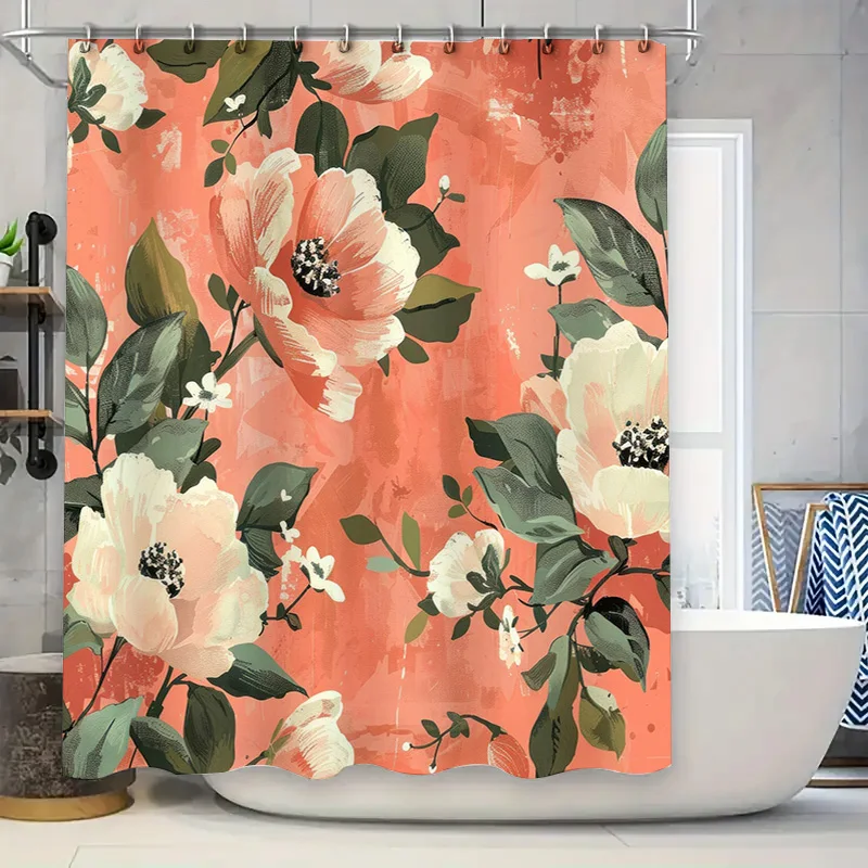 

Pink Floral Print Shower Curtain Rustic Bathroom Decor for Home Decoration Beautiful Flowers Design Waterproof Fabric Perfect Gi