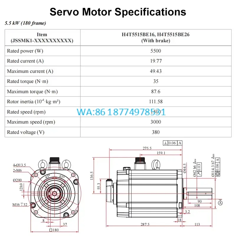 Wmwmnu for 180mm 17-Bit 5.5kW 35N.m 1500rpm Servo Motor with Brake and 3-Phase 380VAC Pulse Servo Drive Kit