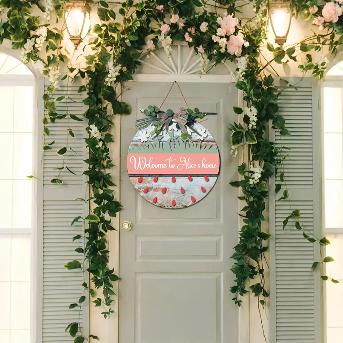 Custom Strawberry Family Name Wooden Door Sign, Personalized Round Hanging Plaque, Spring Farmhouse Front Porch Home Wall Decor view 3