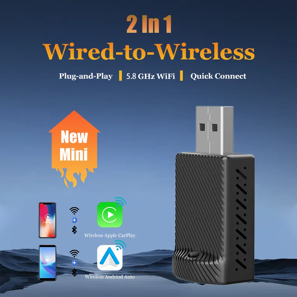 

New 2-in-1 Mini Box Wireless CarPlay and Android Auto Wired to Wireless Adapter Smart Car Navigation Box 5.8GHz WiFi Plug & Play