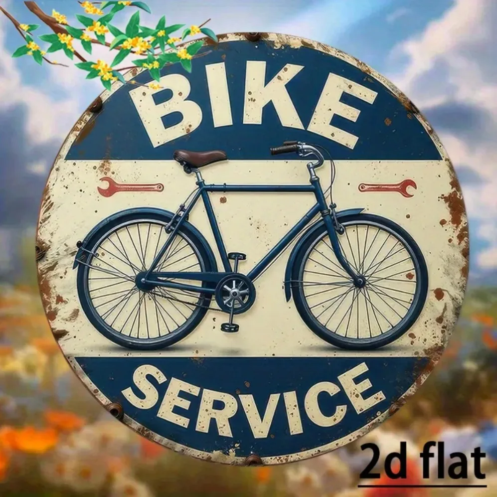 2D  'Bicycle Service' Aluminum Sign – Rustic Wall Art for Garden, Porch & Bar | Retro Weathered Finish Decor