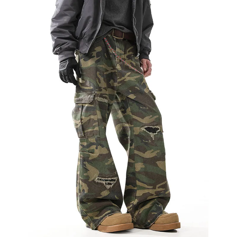 여성 스트리트웨어 빈티지 멀티 포켓 카모플라주 카고 진 2025 가을 미국 레트로 Y2K 데님 팬츠 와이드 레그 배기 바지