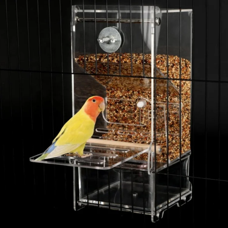 

No Mess Bird Feeder Automatic Bird Seed Food Container Transparent Acrylic Parrot Food Holder with Stand Bird Feeder for Cage