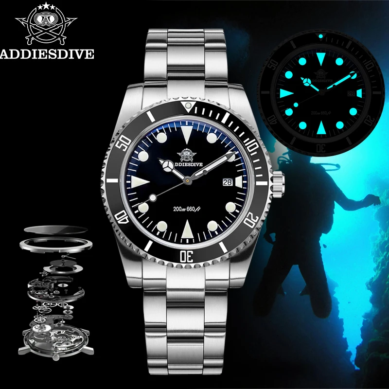 ADDIESDIVE New Watch For Men Luxury Bubble Glass Ceramic Bezel 200m Waterproof Dive Quartz Watches BGW9 Luminous Steel Men Watch