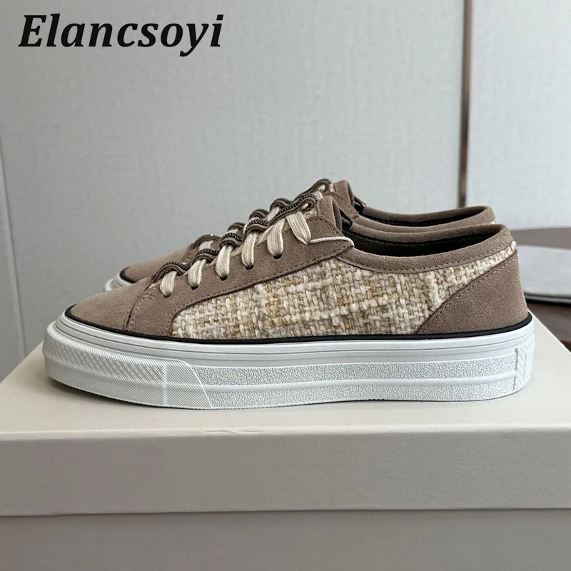 Flat Shoes Women's String Bead Lace Up Sneakers Round Toe Patchwork Thick Bottom Board Shoes Spring Autumn Comfort Casual Shoes