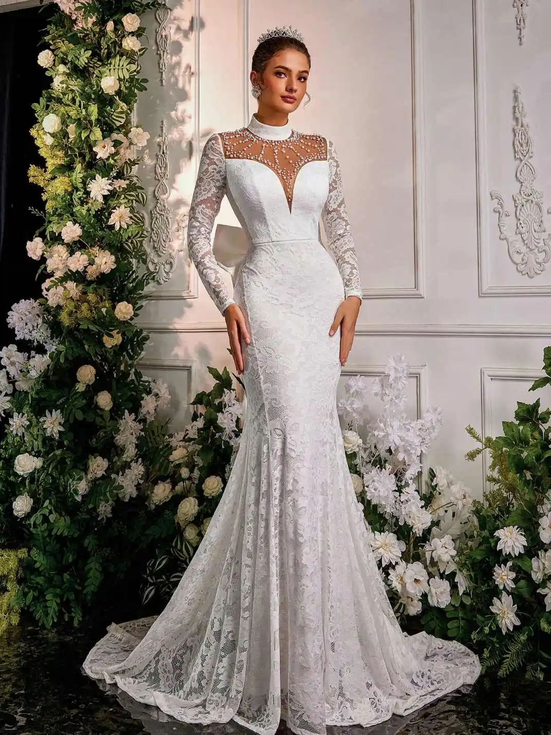 Elegant Mermaid Wedding Dress 3D-Lace Bridal Gowns Shine Pearls Appliques Tulle Long-Sleeve Vestina De Novia Size Customized