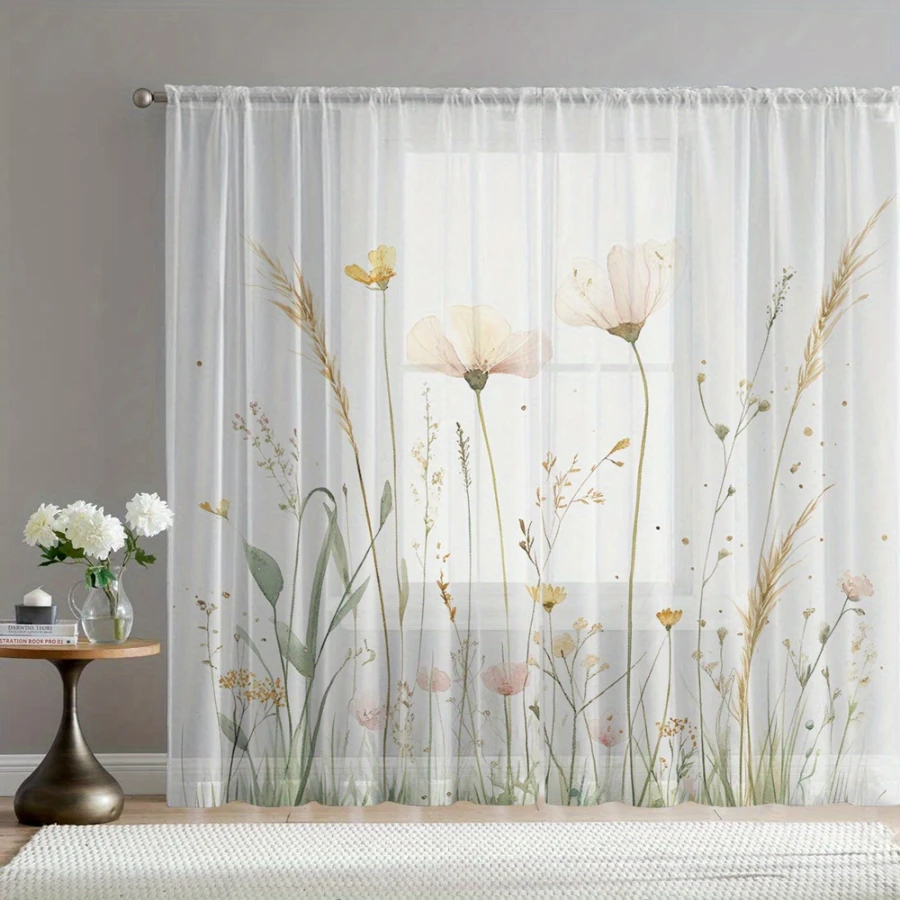 2PCS Digital Printed Sheer Curtain, Pastoral Wheat Ears Print, Farmhouse Harvest Field for Living Room Bedroom Home Decor