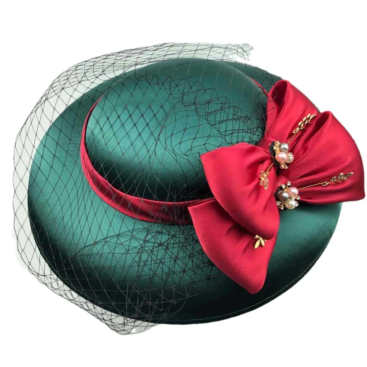 

Green Large Wedding Hat for Women Bow Face Veil Fascinator Hat Hairpin Elegant French Style Church Party Derby Hat Women Chapeu