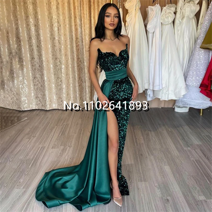 Verde escuro Glittter Sereia Vestidos De Noite Para Casamento V-Neck Off Shoulder Sequins Prom Dress Sexy High Side Slit Party Gowns