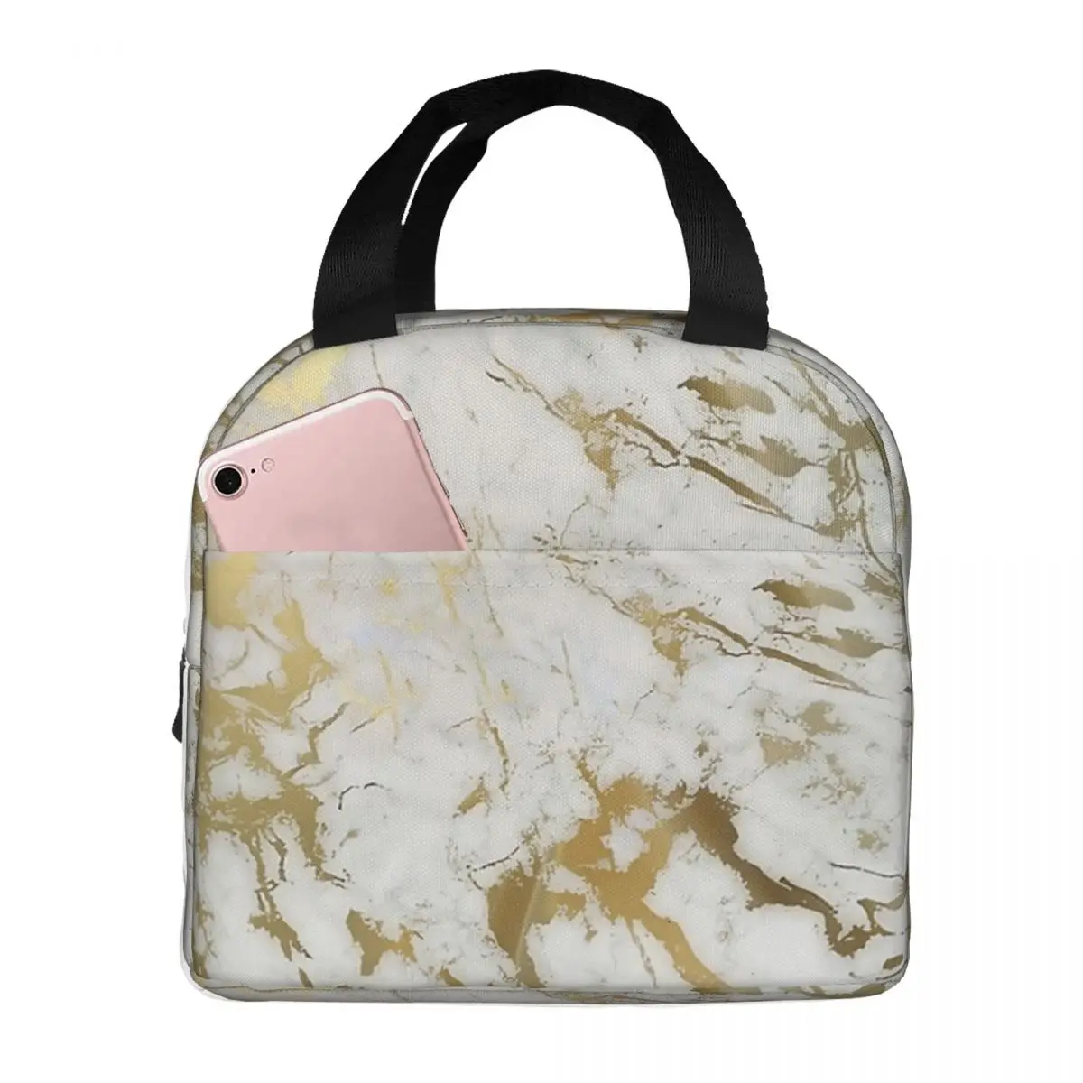 Gold Marble On White Lunch Bags Waterproof Insulated Canvas Cooler Bags Thermal Food School Tote for Women Kids