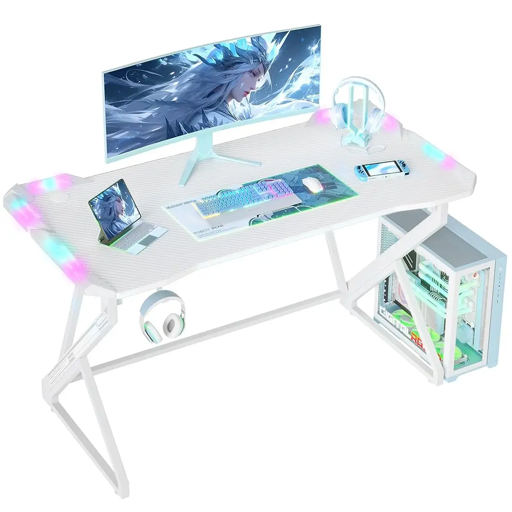 

Small Gaming Desk With Led Lights, 40 H Computer Desk For Home Small Space, Gaming Table With Carbon Fiber Surface, Pc Gamer