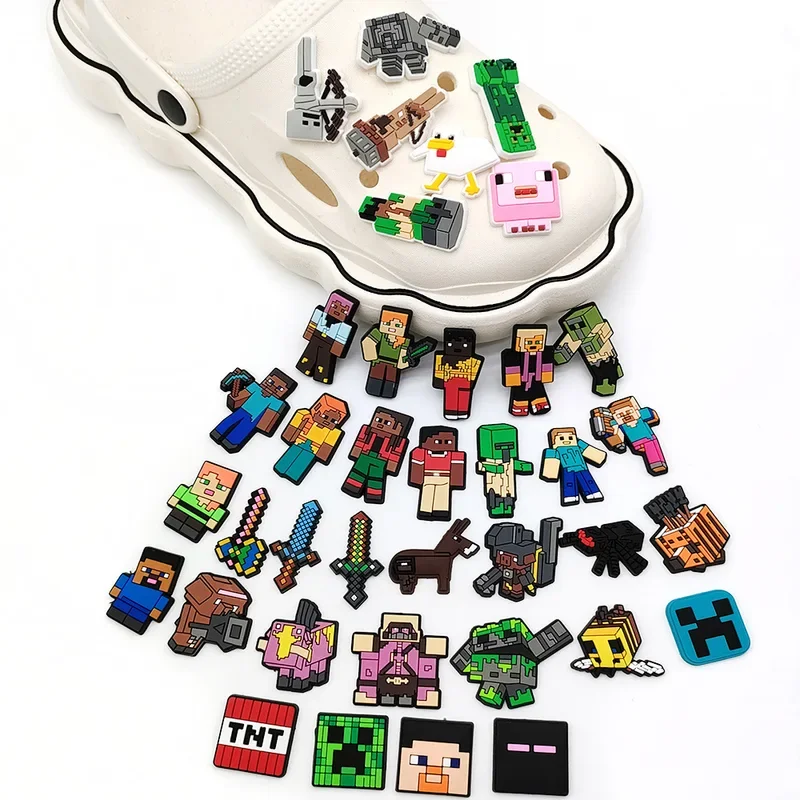 38pcs/lot Cute Minecraft Pattern Charms for Clogs Bubble Slides Sandals, PVC Decorations Accessories for Kids Toys