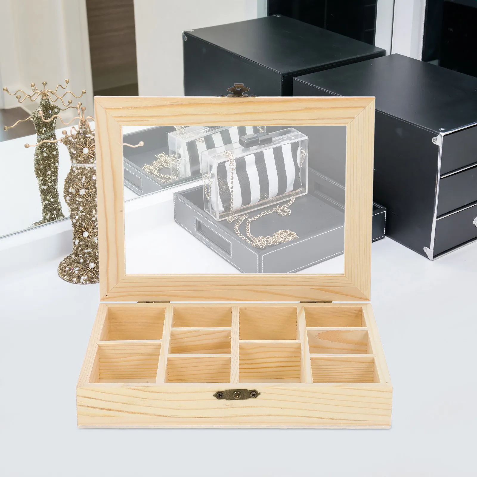 

Unfinished Wooden Jewelry Box with Clear Lid Compartment Organizer for DIY Projects Blank Storage Box for Jewelry