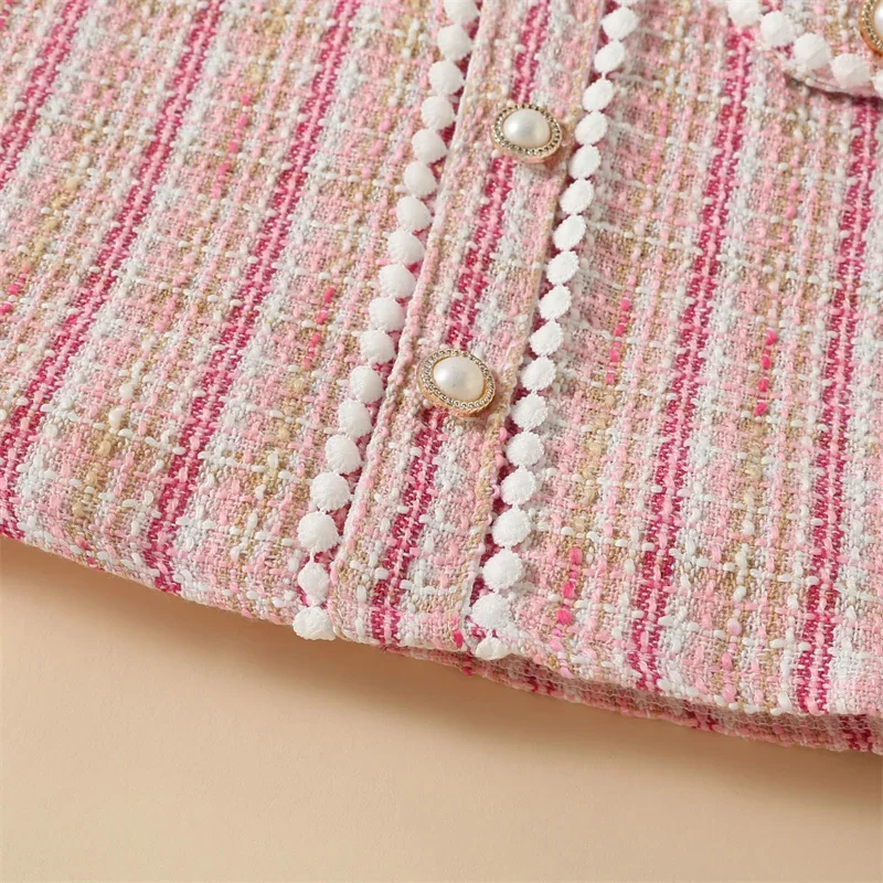 Bear Leader Children Clothing Korean Style Tweed Plaid Pearl Button Small Fur Ball Decoration Fragrant Style Bubble Sleeve Dress