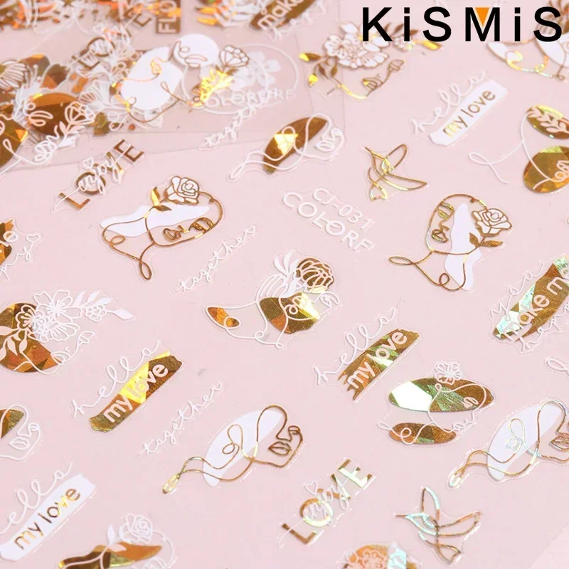 KISMIS 3D Laser Blumen Blatt Abstraktes Gesicht Design Glänzende Dekoration Mehrfarbige Blumenmuster Aufkleber DIY Aufkleber für Nagel