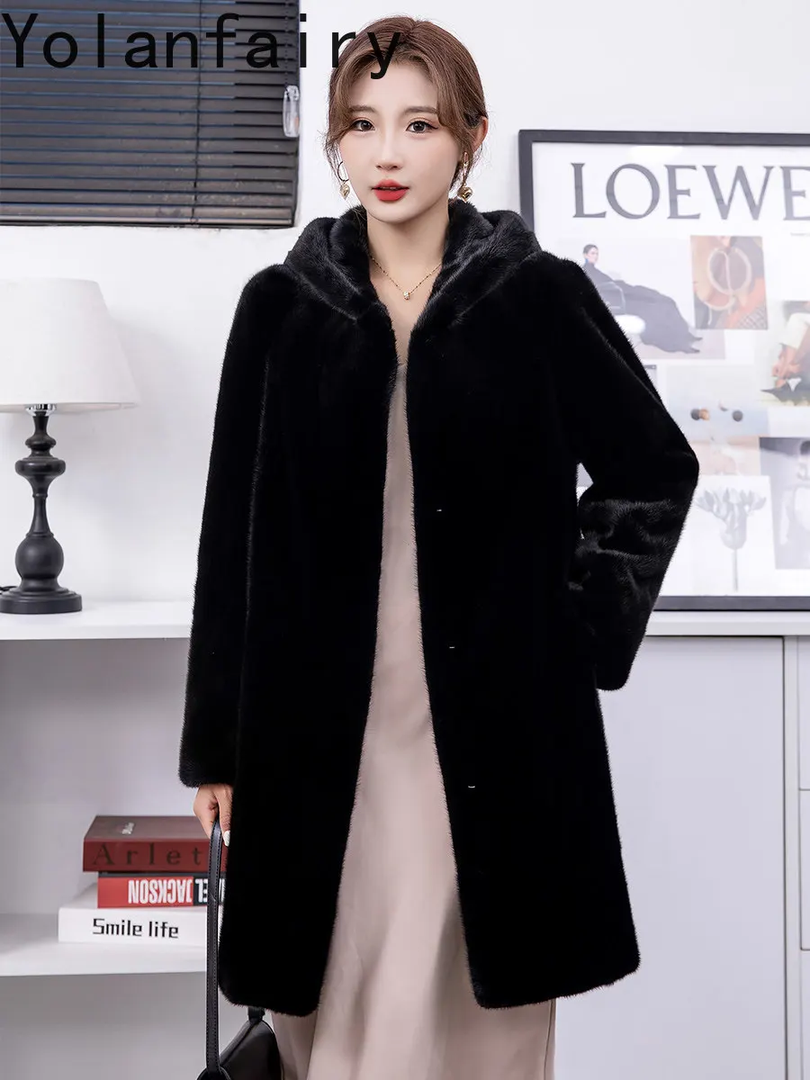 YOLANFAIRY Whole Mink Natural Real Velvet Mink Coat Fur Jacket Mid-length Style Full Pelt Woman High Quality Hooded Winter Coat