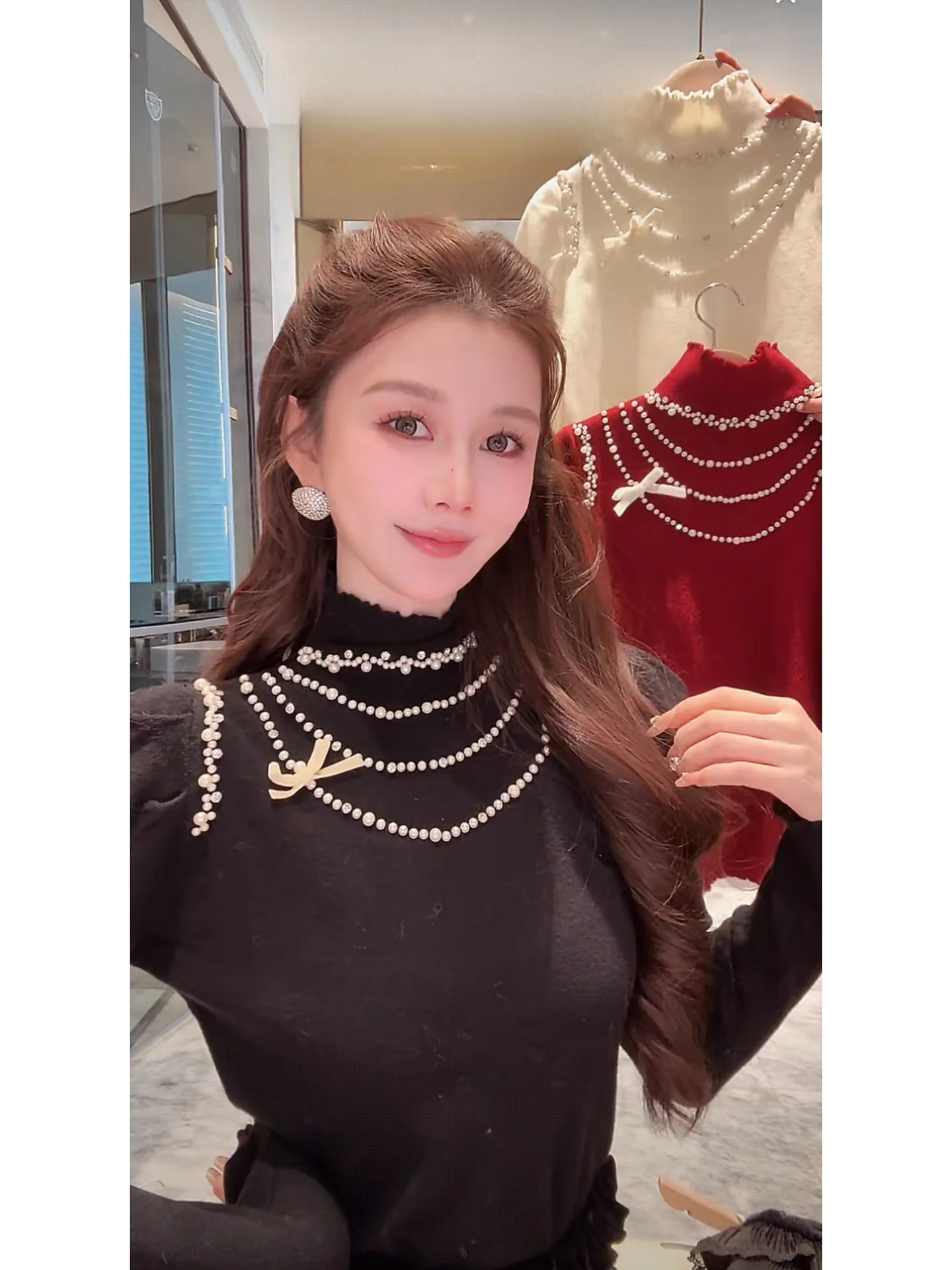 

AZZHEN Moonlight Pearl ter Ne Button Knot Slim Fit Base irt Autumn Winter Faion Women's Knitted Top