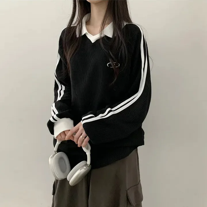 Woman Long Sleeve Pullover Casual Knitwear Tops Autumn Oversize Hoodies Polo Collar Retro Splicing Velvet Hoodie For Women 2024