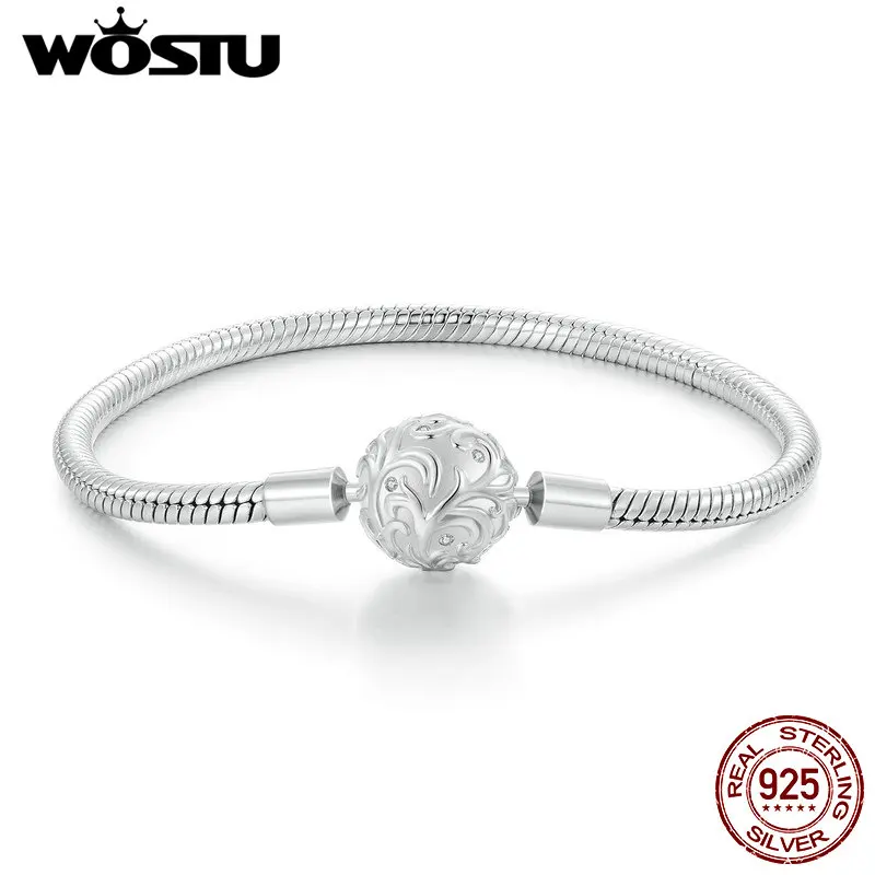 

WOSTU Real 925 Sterling Silver Retro Pattern Bangle Bracelet Simple Basic Bangles Fit Original Charms Beads DIY Gift for mom