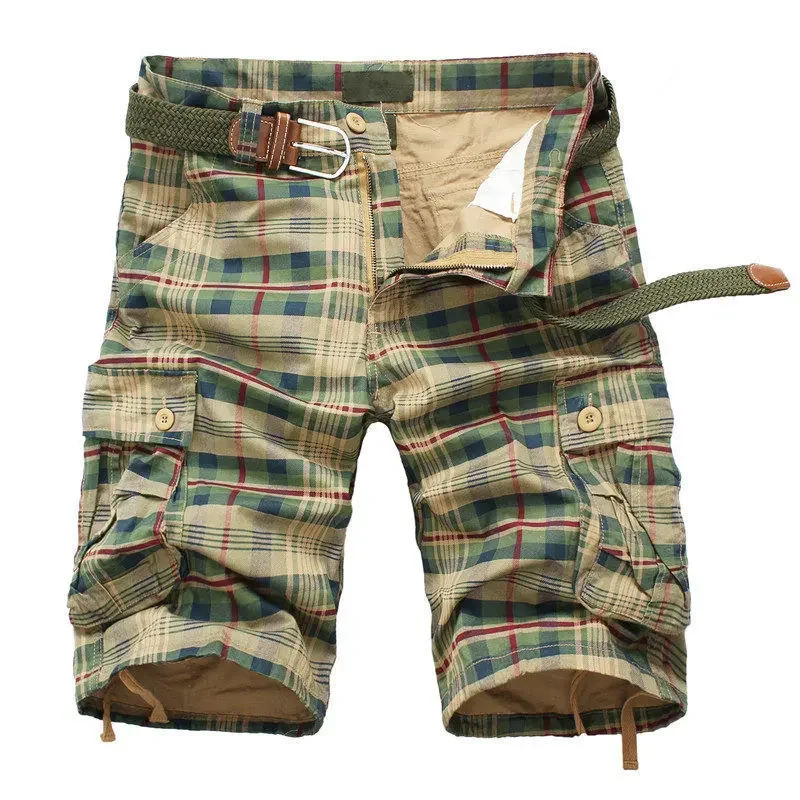 

2025 Summer Men Shorts Fashion Plaid Beach Shorts Mens Casual Shorts Military Short Pants Male Bermuda Cargo Overalls No belt