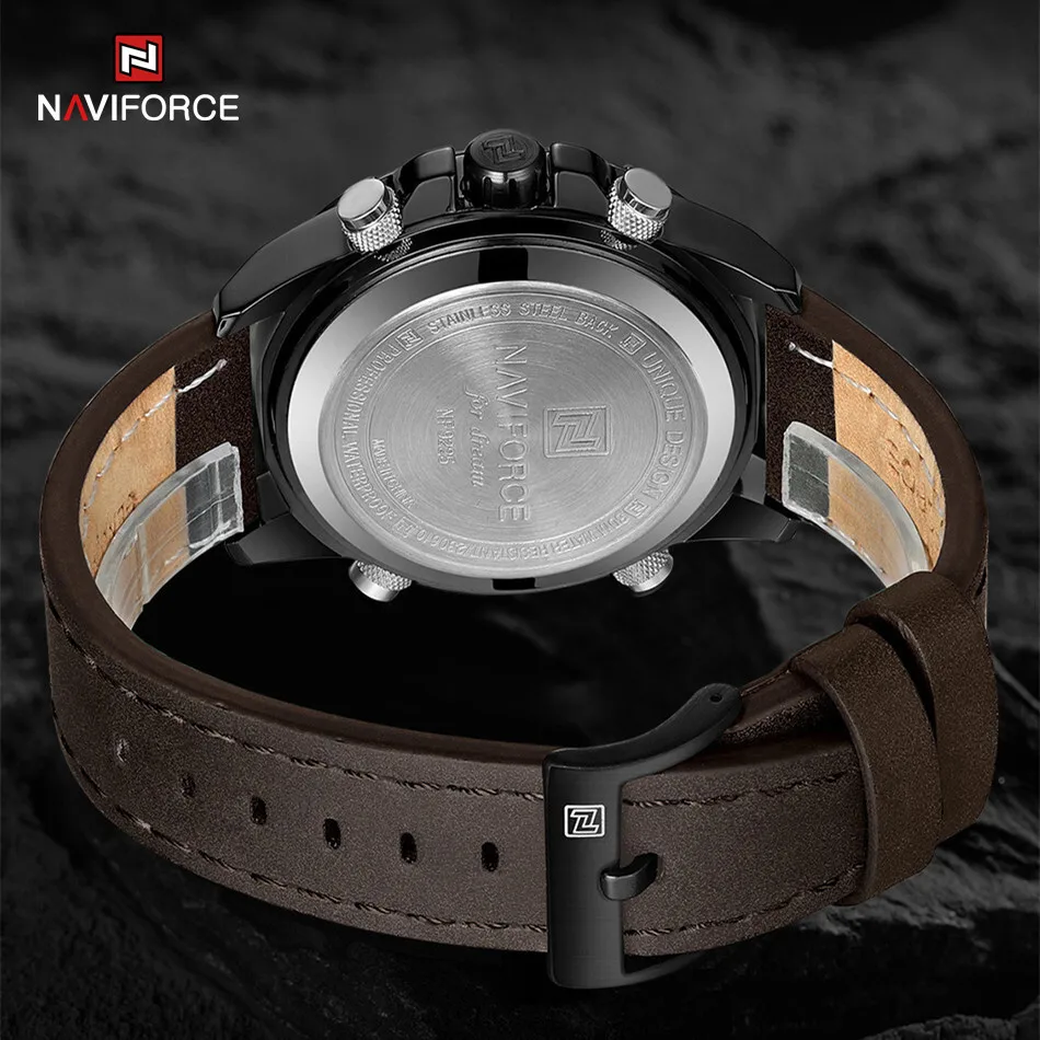 Naviforce relógio masculino esportivo pulseira de couro duplo à prova d'água relógios de quartzo led calendário luminoso relógio digital para homens reloj