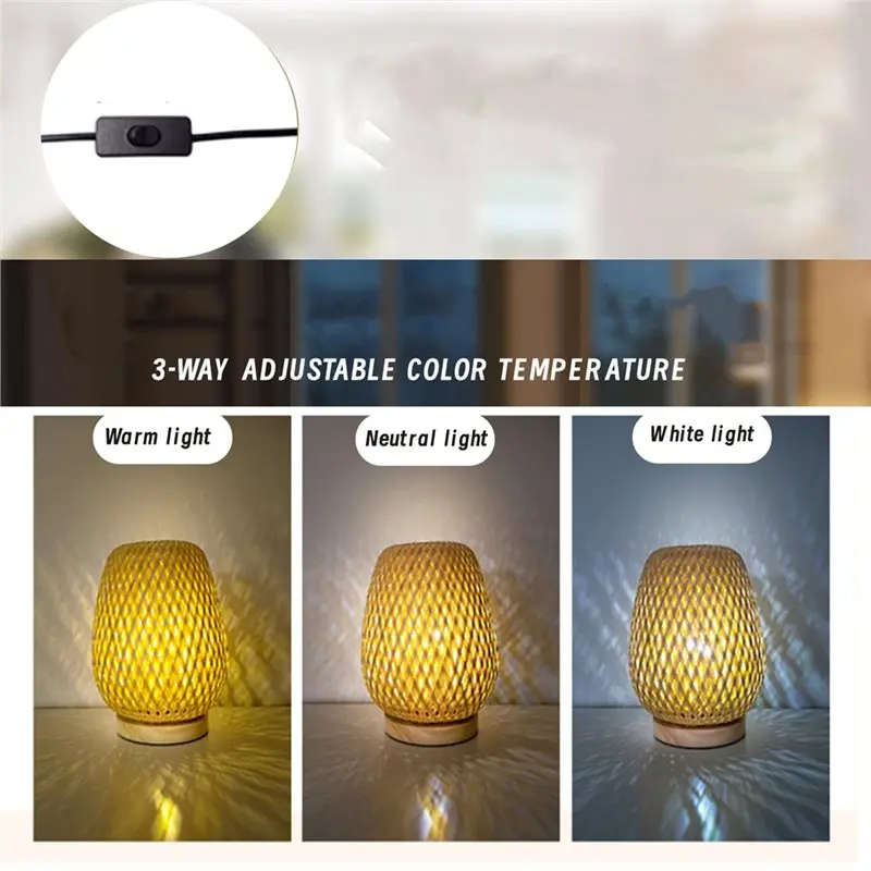 【NEW YEAR  】Rattan Table Lamp, Wooden Nightstand Boho Bamboo Woven End Table Lamps 3 Color Temperature Options US Plug