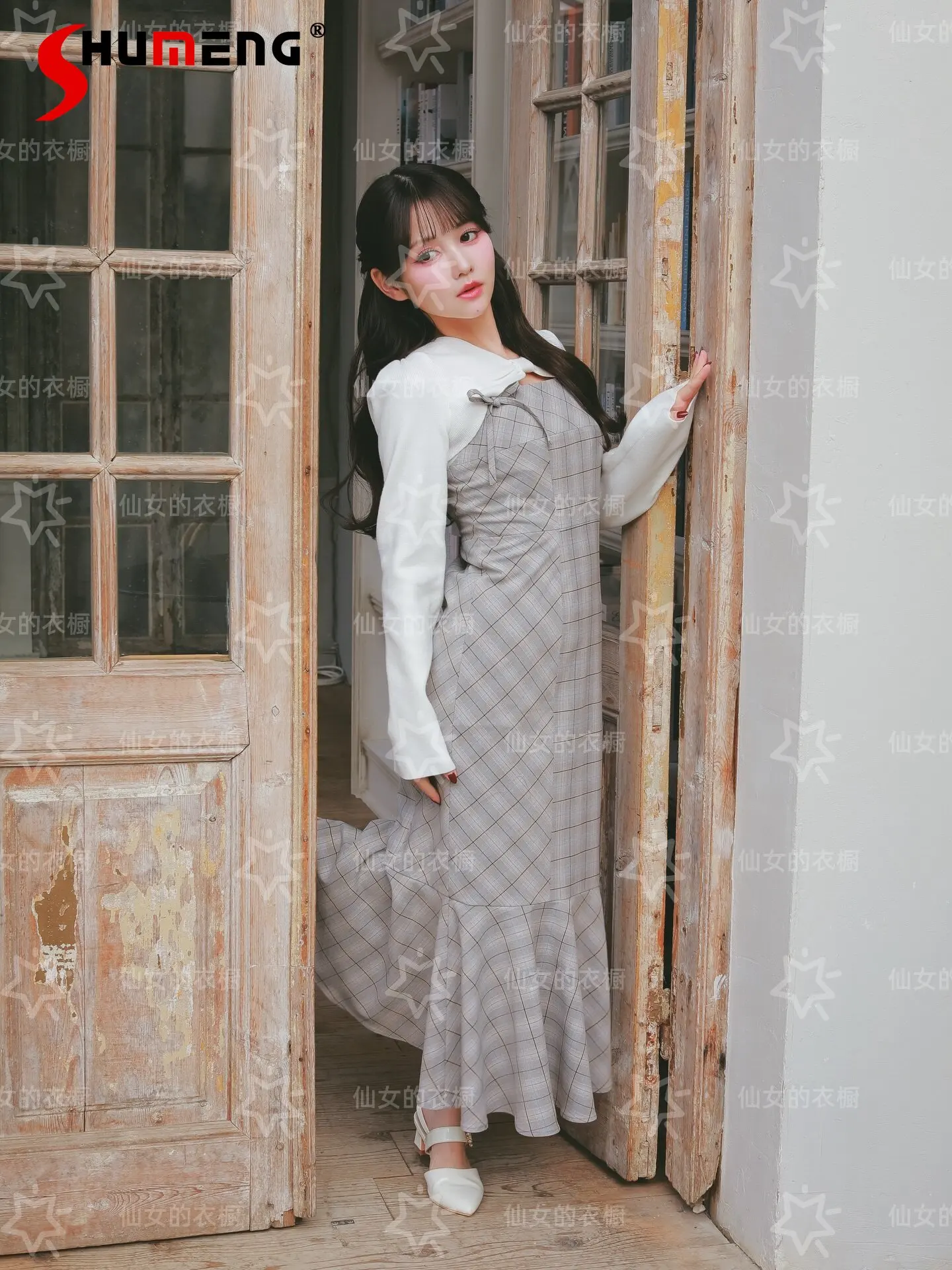 

Japanese Style Elegant Round Neck Long Sleeve Knitted Cardigans Bow Plaid Sleeveless Long Fishtail Dress Two-piece Set for Women