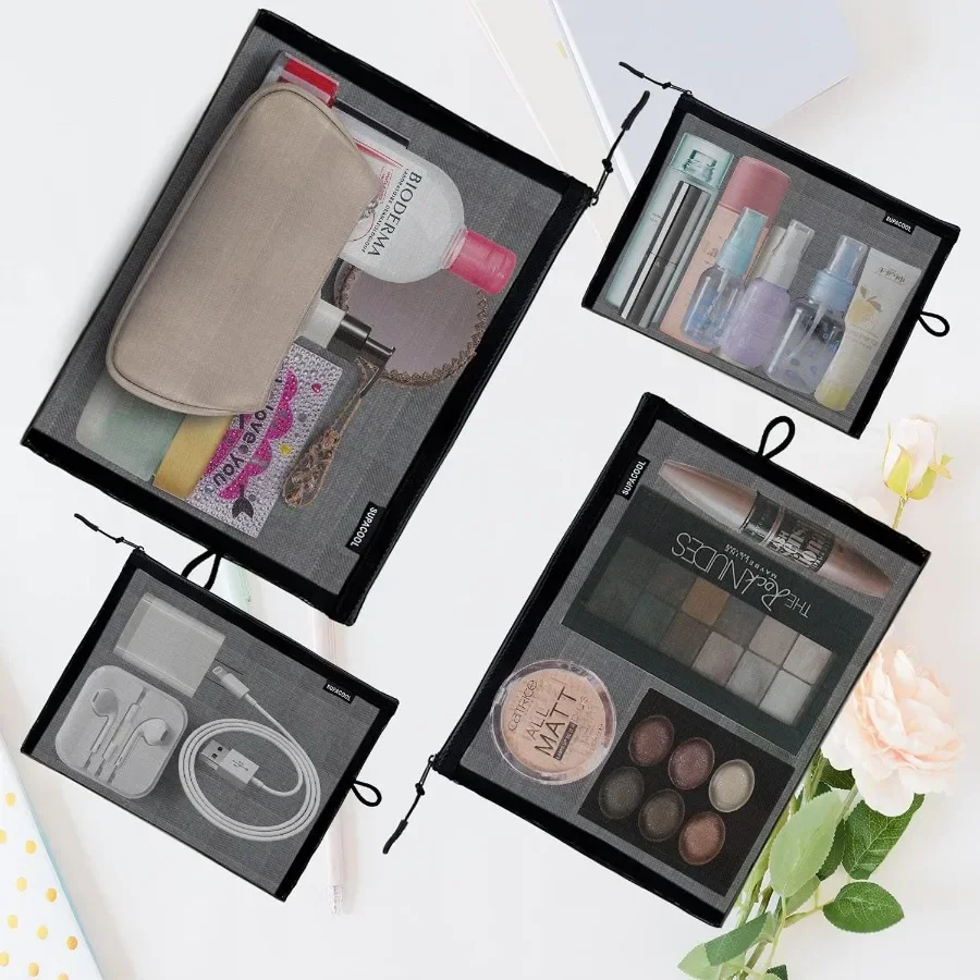 4個セット トラベルメッシュメイクアップバッグ コスメオーガナイザーポーチ ジッパー付き 男女兼用 おむつ収納ポーチ ナイロントイレタリーポーチ