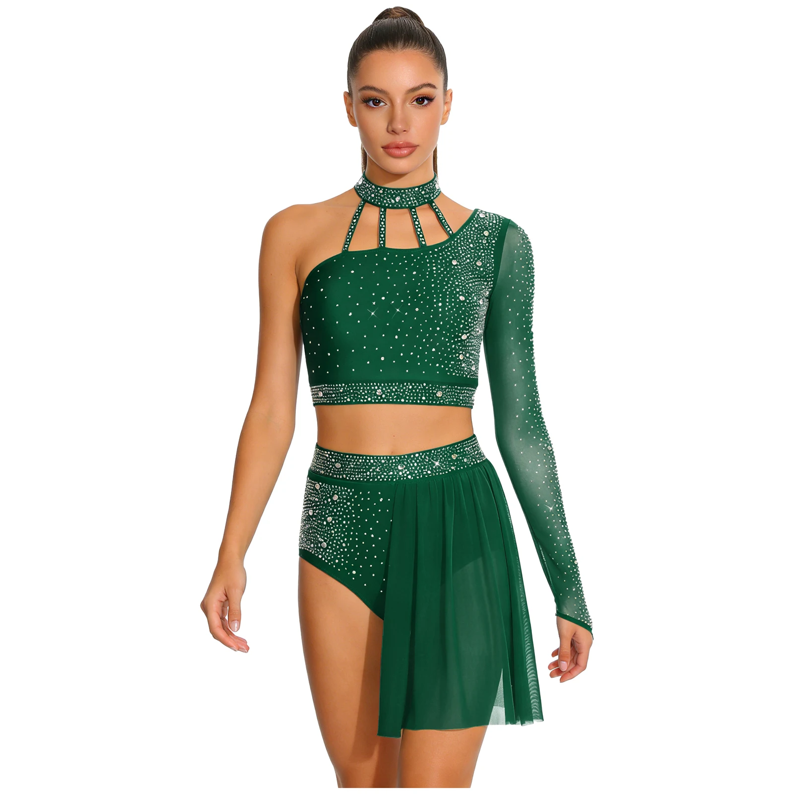 

Women Lyrical Dance Leotard Figure Skating Costume Outfit Rhinestones Crop Top And Skirt Set Rhythmic Gymnastic Ballet Dancewear