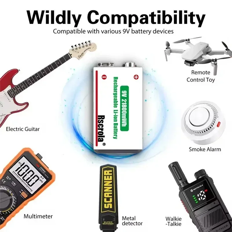 9V 21800mWh Lithium Li-ion Rechargeable Battery High Capacity for Guitar Microphone Smoke Detector Pedal with Cable