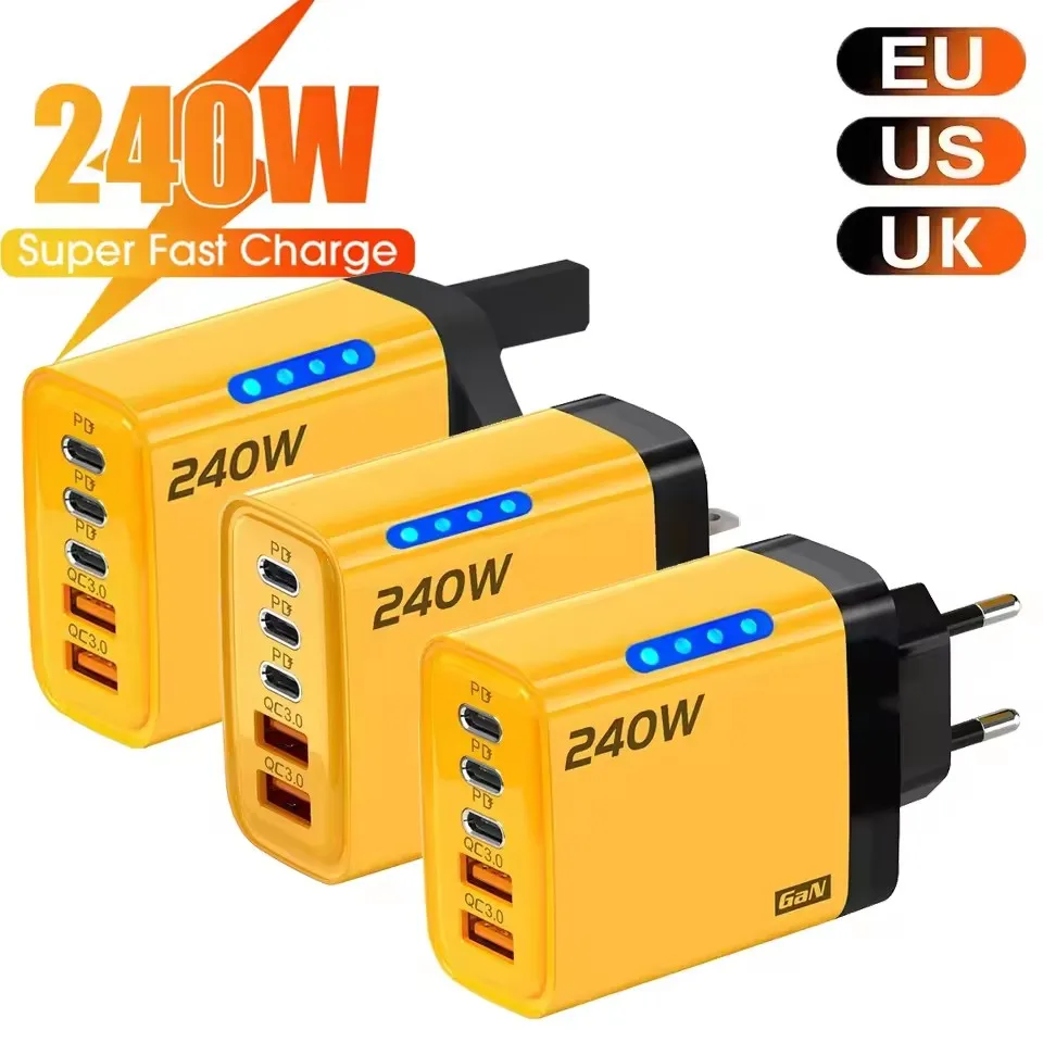 Cargador Rápido Gan de 240w con Luz LED 5 en 1, 2 USB + 3 Tipo-C, Cargador de Teléfono Multipuerto para iPhone 15-17 Series, Samsung, Huawei, Xiaomi 15