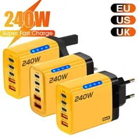 Chargeur rapide 240W GaN avec lumière LED 5 en 1, 2 USB + 3 Type-C, chargeur multi-ports pour iPhone 15-17 Series, Samsung, Huawei, Xiaomi 15 1