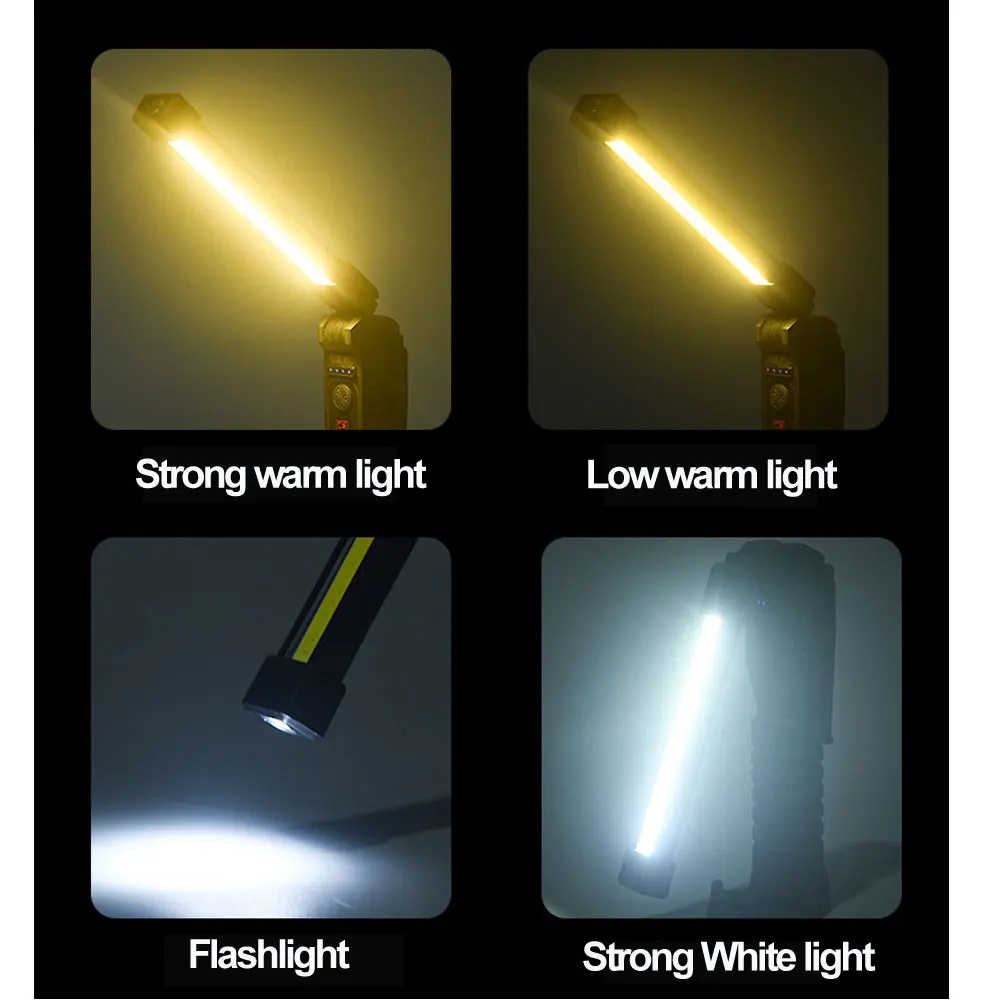 Multifunction COB Three Lights Led Flashlight USB Rechargeable Work Light Magnetic Lanterna Hanging Lamp with Built-in Battery