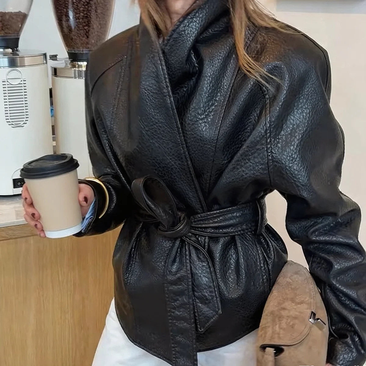 Chic Women Black PU Wrap Jacket Shawl Collar Drop Shoulder Self Tie Belt Loose Biker Coat