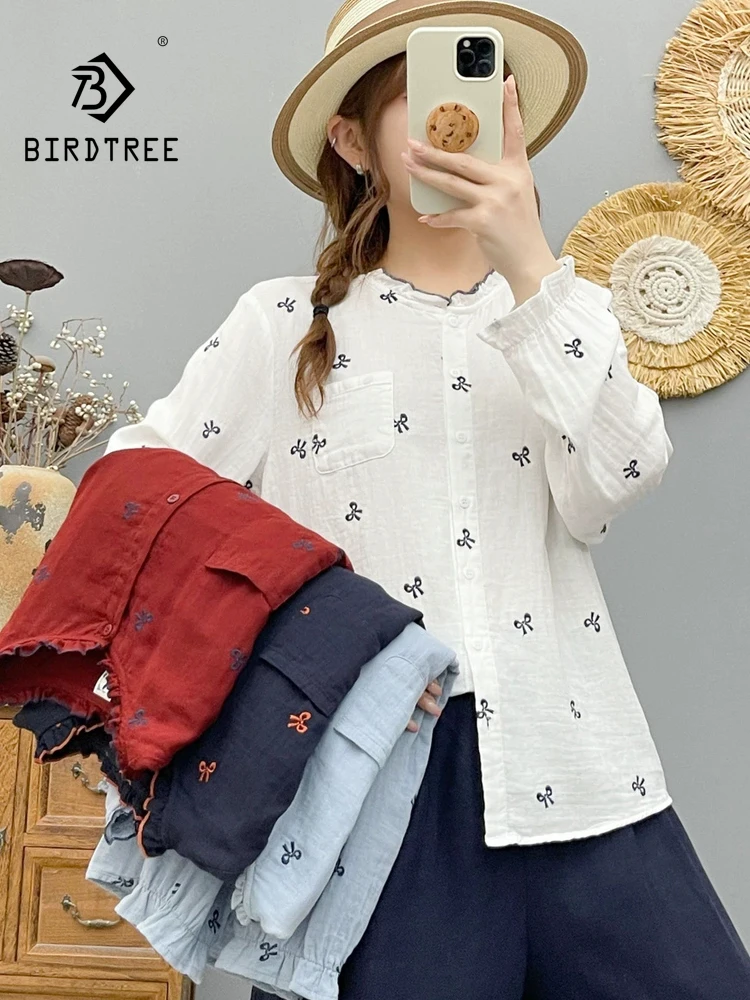 New 2026 Autumn Women Cotton Yarn Long Sleeve Shirt, Ruffled Butterfly Embroidery, Mori Girl Commute Chic Loose Blouse T6O428CC