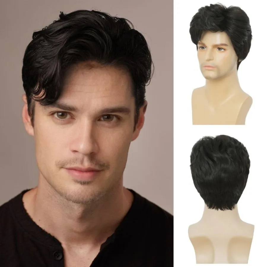 باروكة سوداء قصيرة للرجال للاستخدام في الهالوين والحفلات اليومية، باروكات شعر صناعية ذات مظهر طبيعي للرجال خفيفة الوزن ومريحة