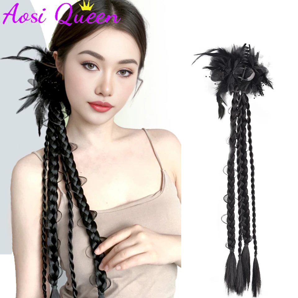 AOSI Synthetic New Chinese Ponytail Wig Rose Feather Clip Boxing Braid Low Tie Side Ponytail