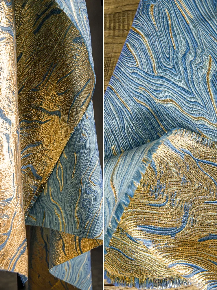 Blue Gold Thread Twill Jacquard Fabric Jacket Fashion Designer Polyester Fabrics Cloth for Dress Diy Sewing Material