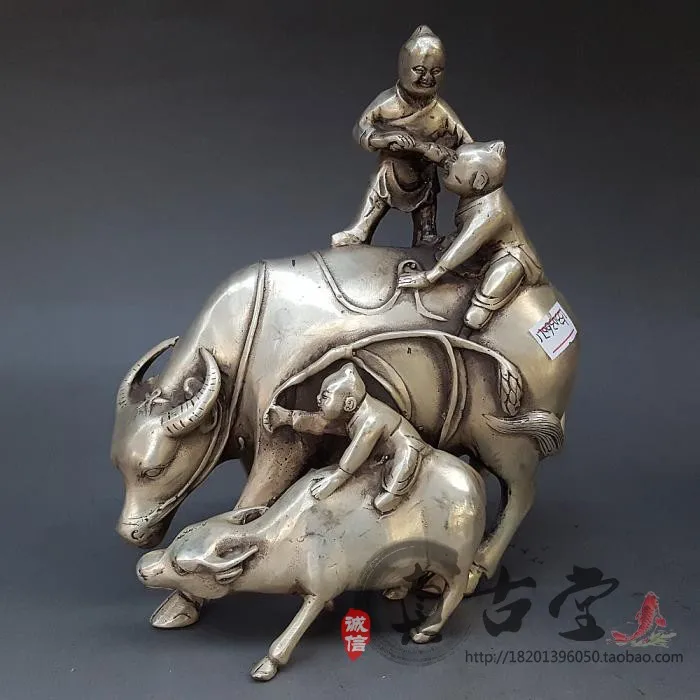 

Special Price Antique Imitation White Copper, Brass, Silver Plated Children And Cattle Ornaments, Wangcai Cowboy, Play With Cows