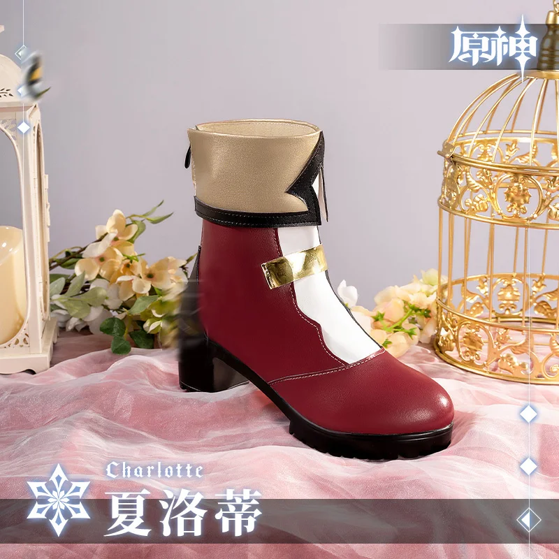 

Game Genshin Impact Cos Fontaine reporter Charlotte Cosplay Red Retro dress Steam Bird Newspaper Cosplay prop shoes B