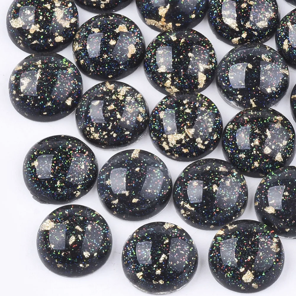 Resin Cabochons with Glitter Powder and Gold Foil Half Round Black 12x5.5mm