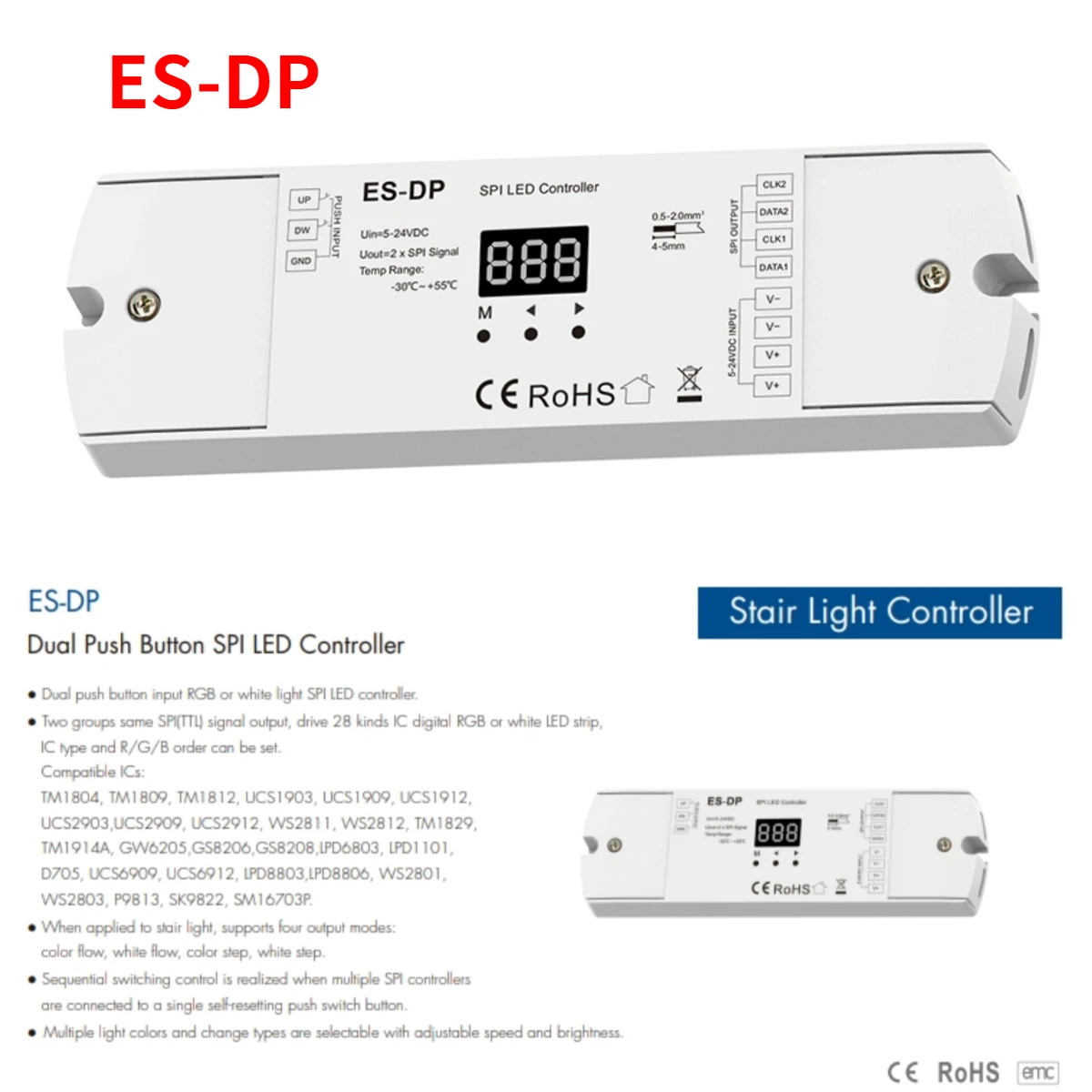 5-24VDC Stair Light Controller Dual Push Button SPI Controller Dimmer ES-DP for WS2811 2812 SK9822 RGB or White Light LED Strip