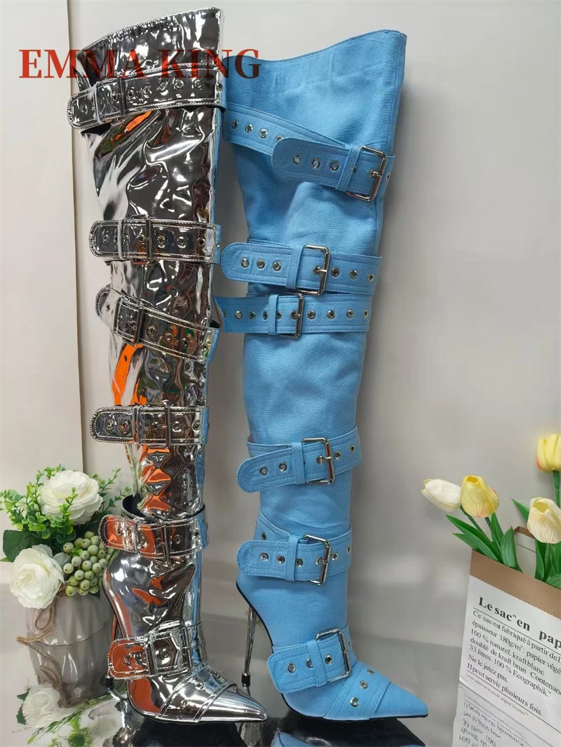 الإناث مشبك حزام عبر تعادل فوق الركبة الأحذية أشار تو كعب معدني دراجة نارية أحذية عالية الكعب الفخذ أحذية عالية امرأة