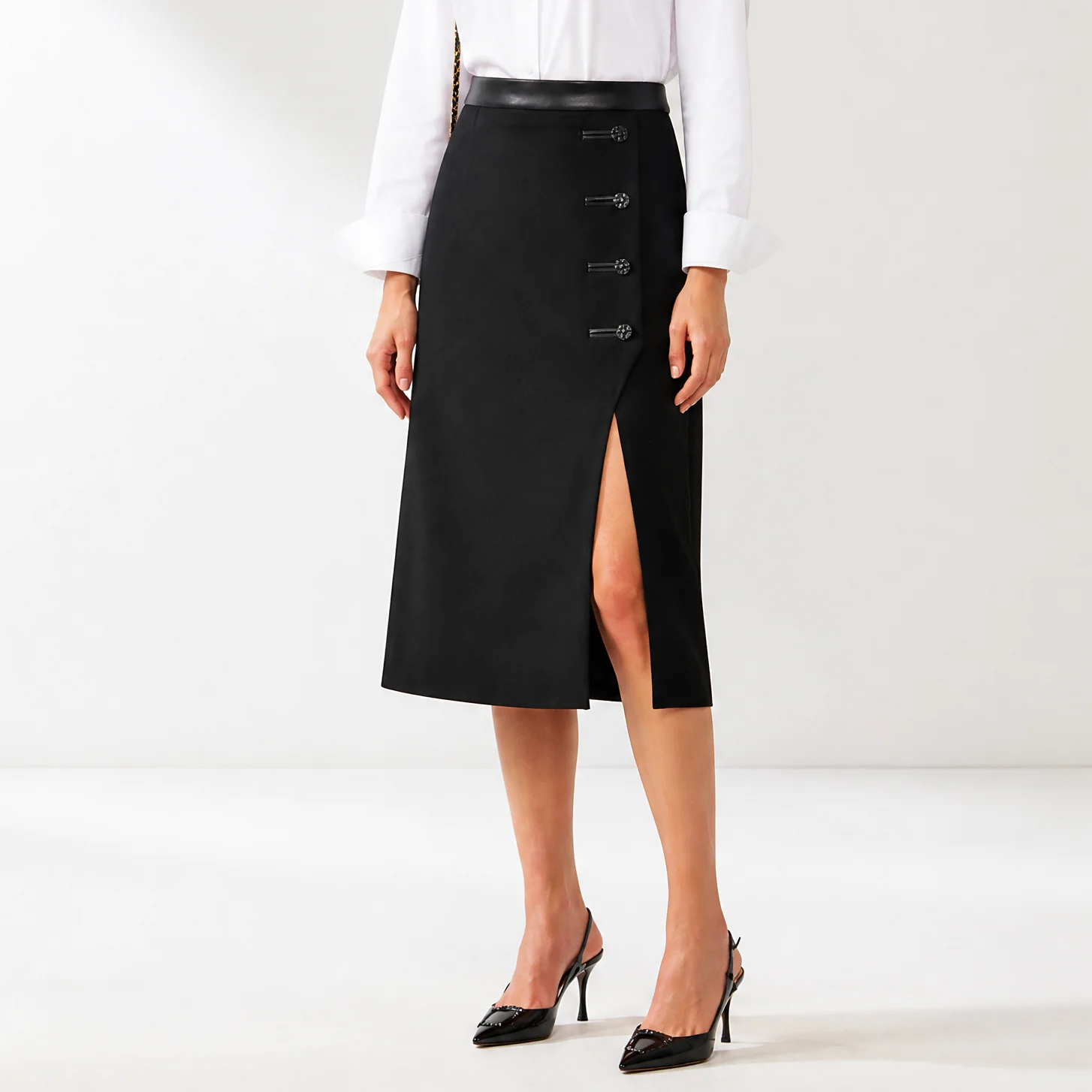 RU 2026 Women Midi Pencil Skirt Decor Button Front Slit Straight Skirt Elegant Office Business Autumn Winter Formal Bottoms