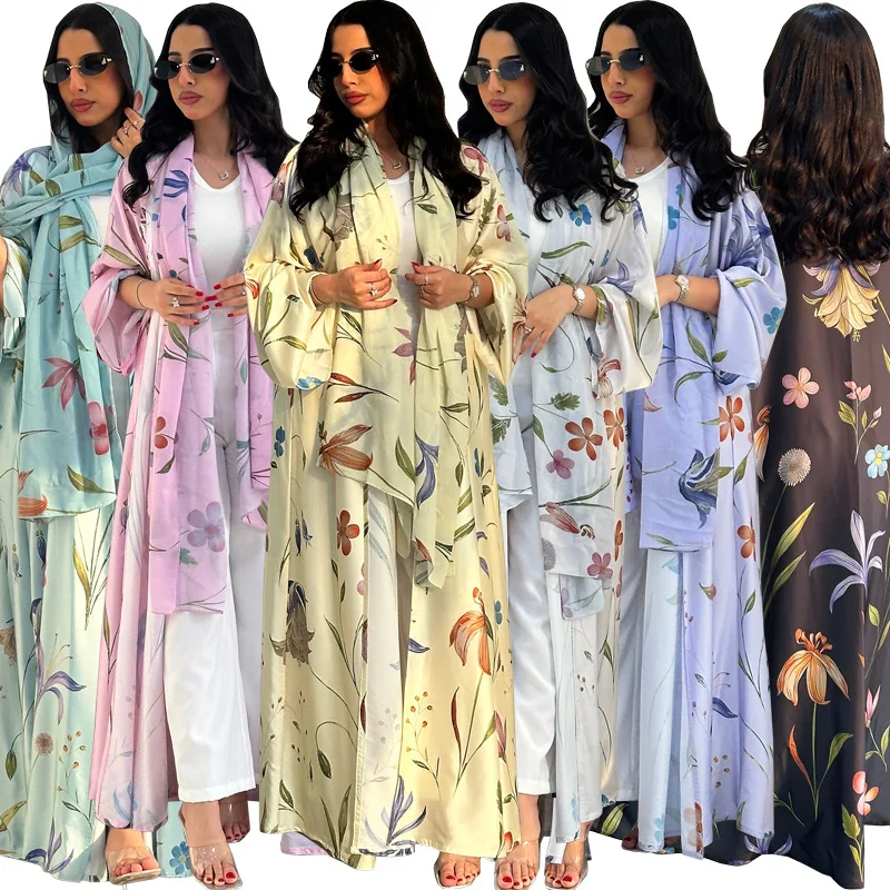 Dubai Cardigan Abaya Scarf Women Open Dress 2 Piece Set Eid Print Dubai Cardigan Morocco Caftan Jalabiya Long Roeb Ramadan Party