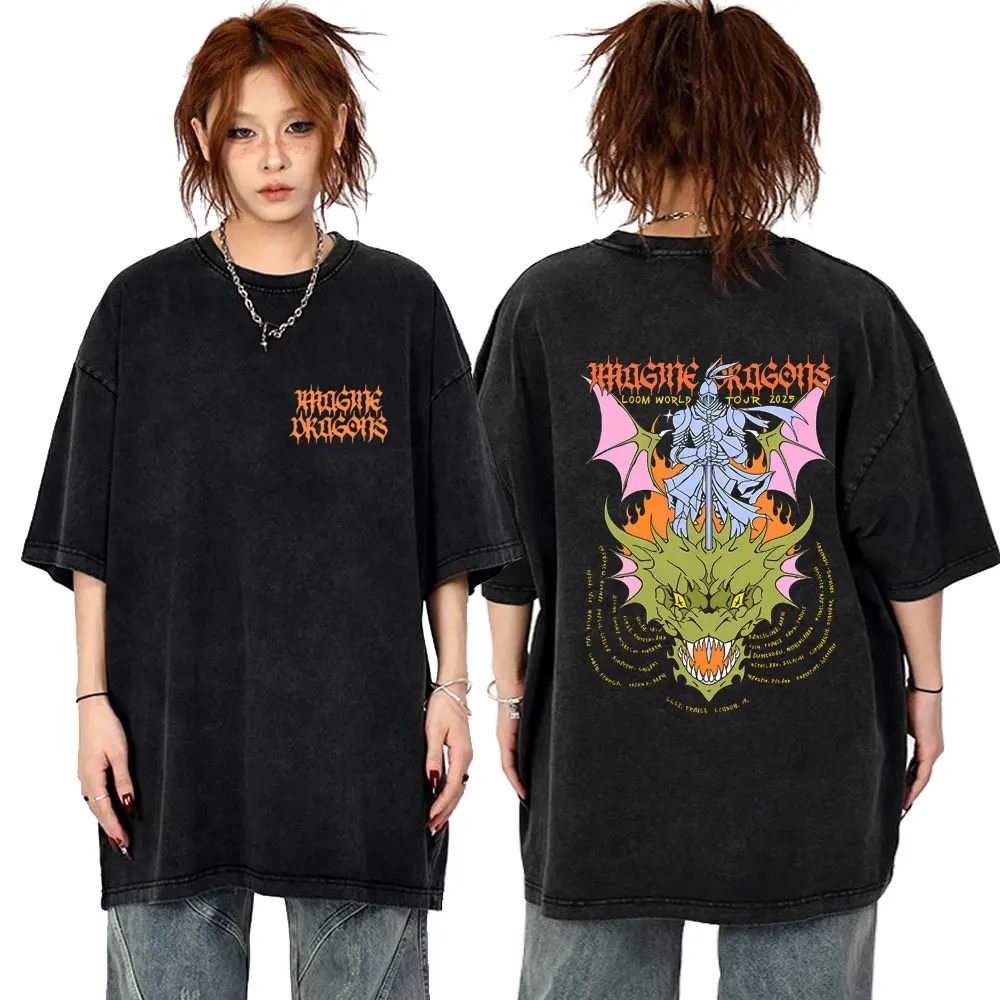 

Imagine Dragons Band Loom World Tour 2025 Wasehd T Shirt Male Fashion Oversized T-shirts Men Women Vintage Hip Hop Streetwear