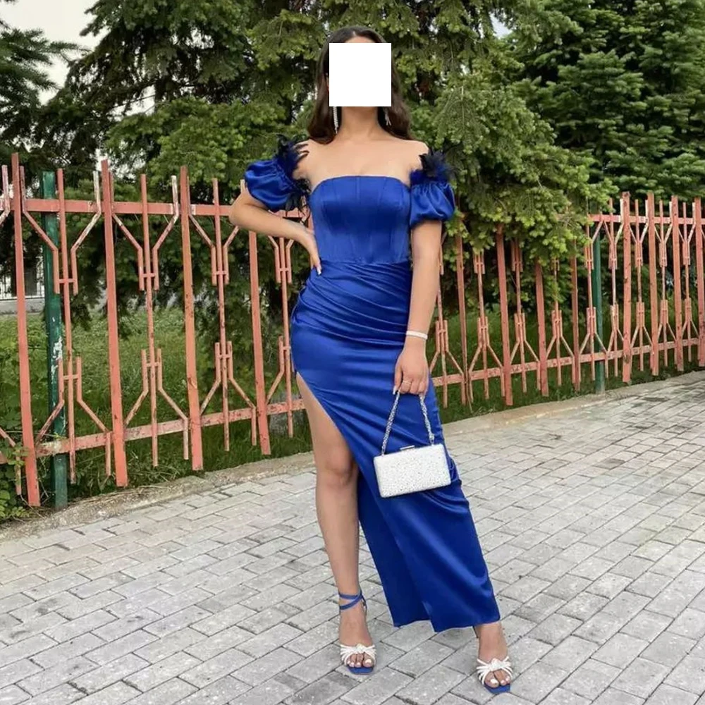 

Elegant Straight Blue Ankle Length Evening Dress Classic Detachable Sleeve Satin Short Sleeves Feathers Pleats Saudi Arabia