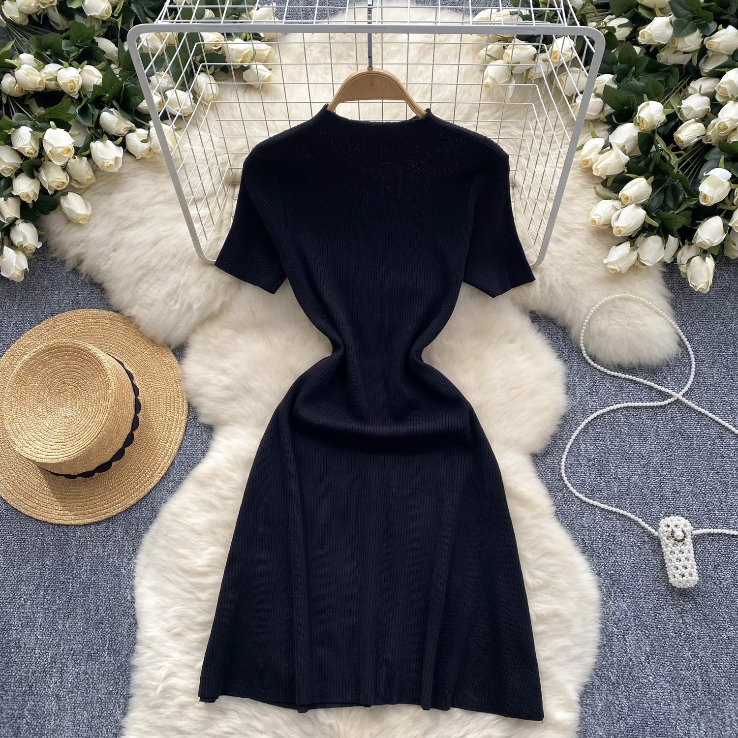 Mid Length Dress Women Dresses Mock Neck Short Sleeve Vestidos Knitted Elegant Splice Y2k Bodycon High Waist Slim Party Club