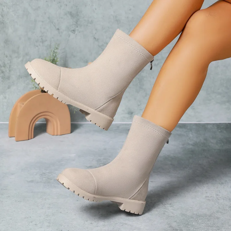 

New chunky heel, rear zipper, slimming mid-calf knight boots for women, cross-border suede, low-heeled, thin and slim boots