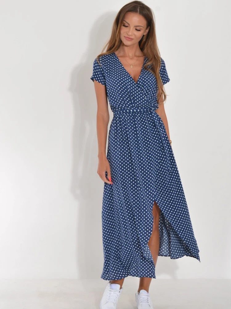 Summer Polka Dot Split Hem Long Dress Women 2024 New Fashion V Neck Print Sundress Vestidos Short Sleeved Waisted Lace-up Dress